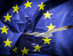 Bird flying in front of EU Flag